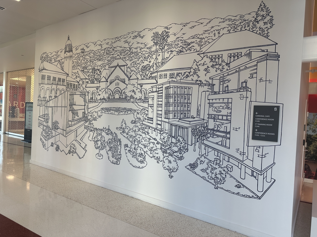 Mural in entry way of Cardinal Hall on the Stanford Redwood City campus 